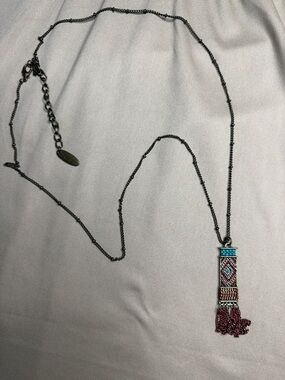 Plunder Boho Tassel Pendant Necklace in Teal and Burgundy